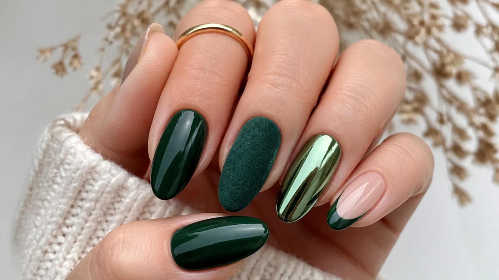 Dark green nails in glossy, velvet matte, chrome and french finishes across shapes