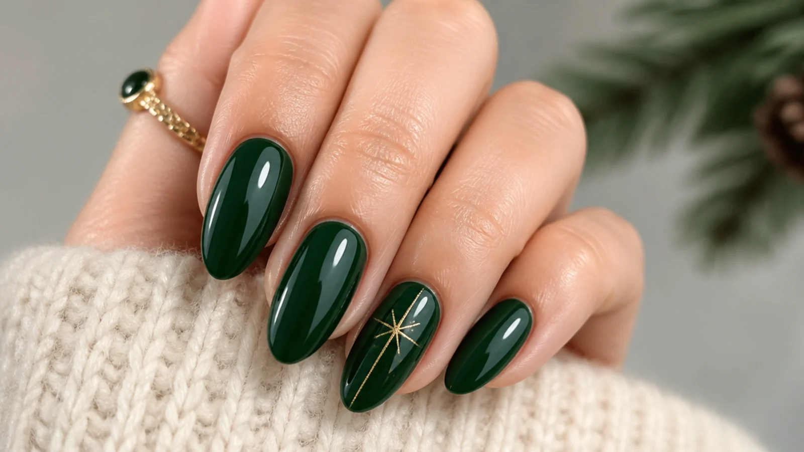 A well-sealed glossy dark green manicure with cuticle oil