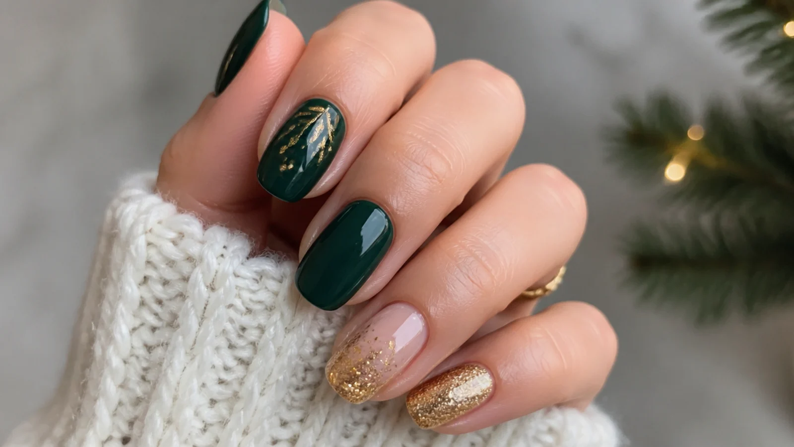 Festive dark green and gold nails styled for a holiday setting