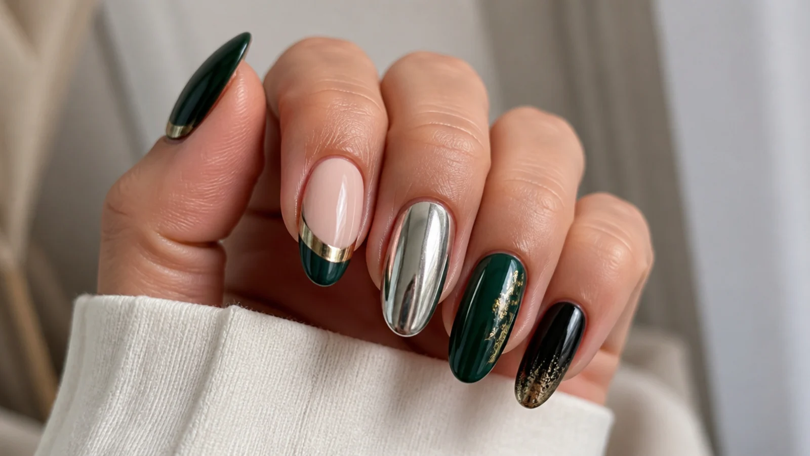 Dark green nails shown beside gold, silver chrome, black and nude accents