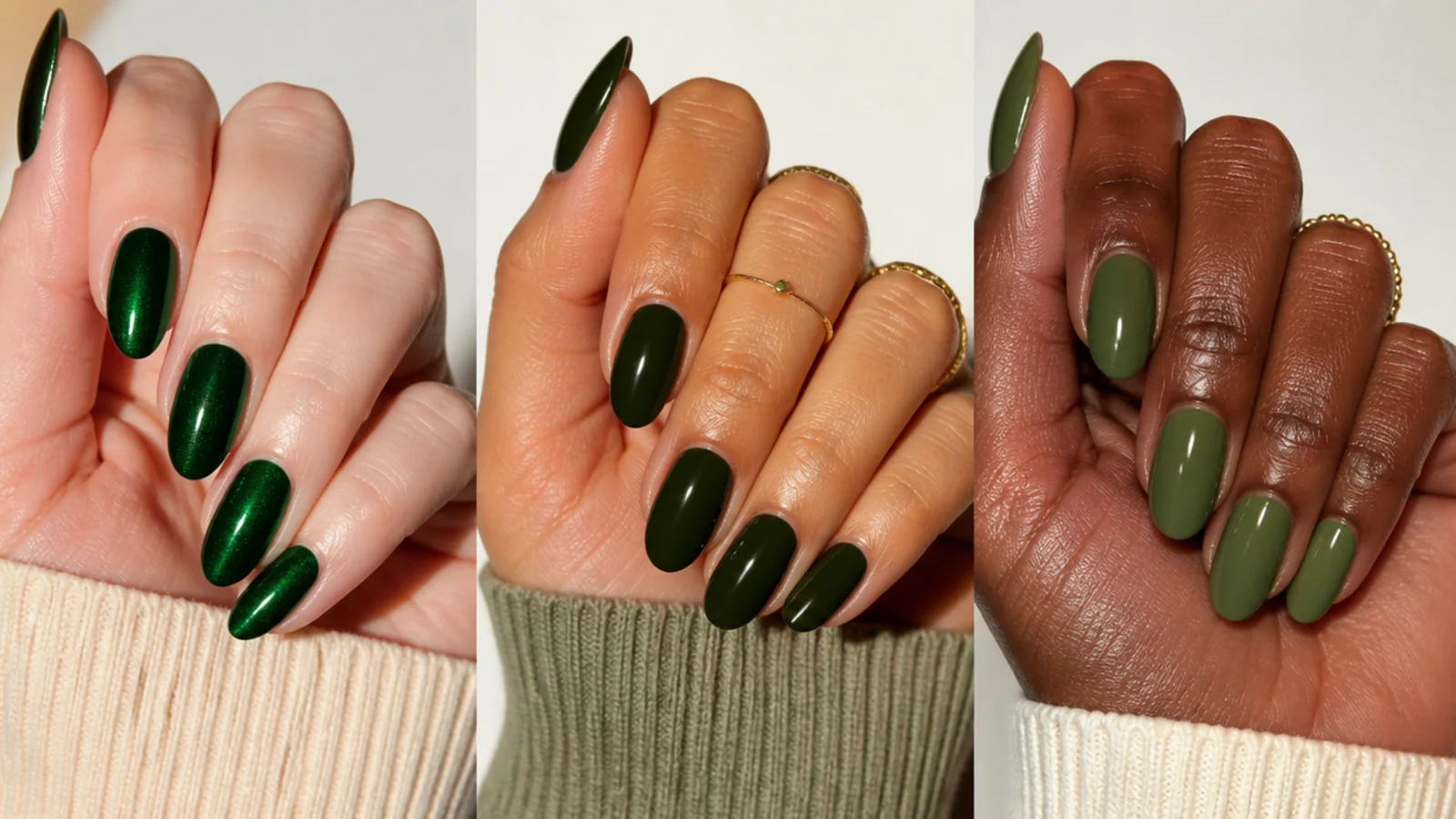 Three dark green swatches - emerald, forest and olive - against different skin tones