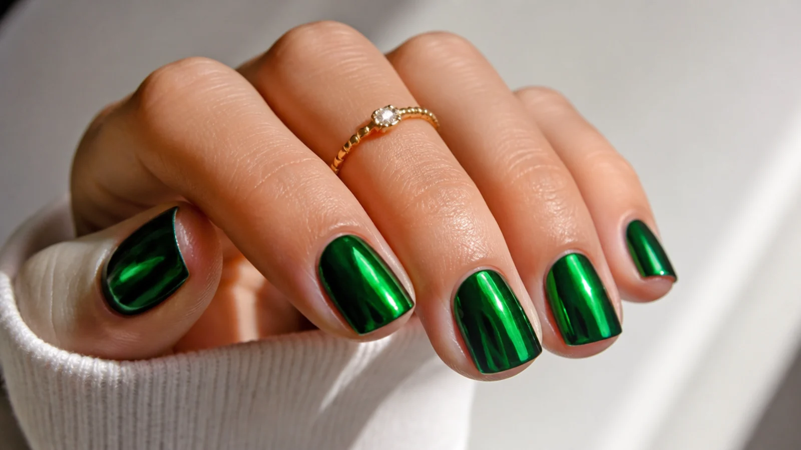 Short square nails in mirror-chrome emerald green with a reflective metallic finish
