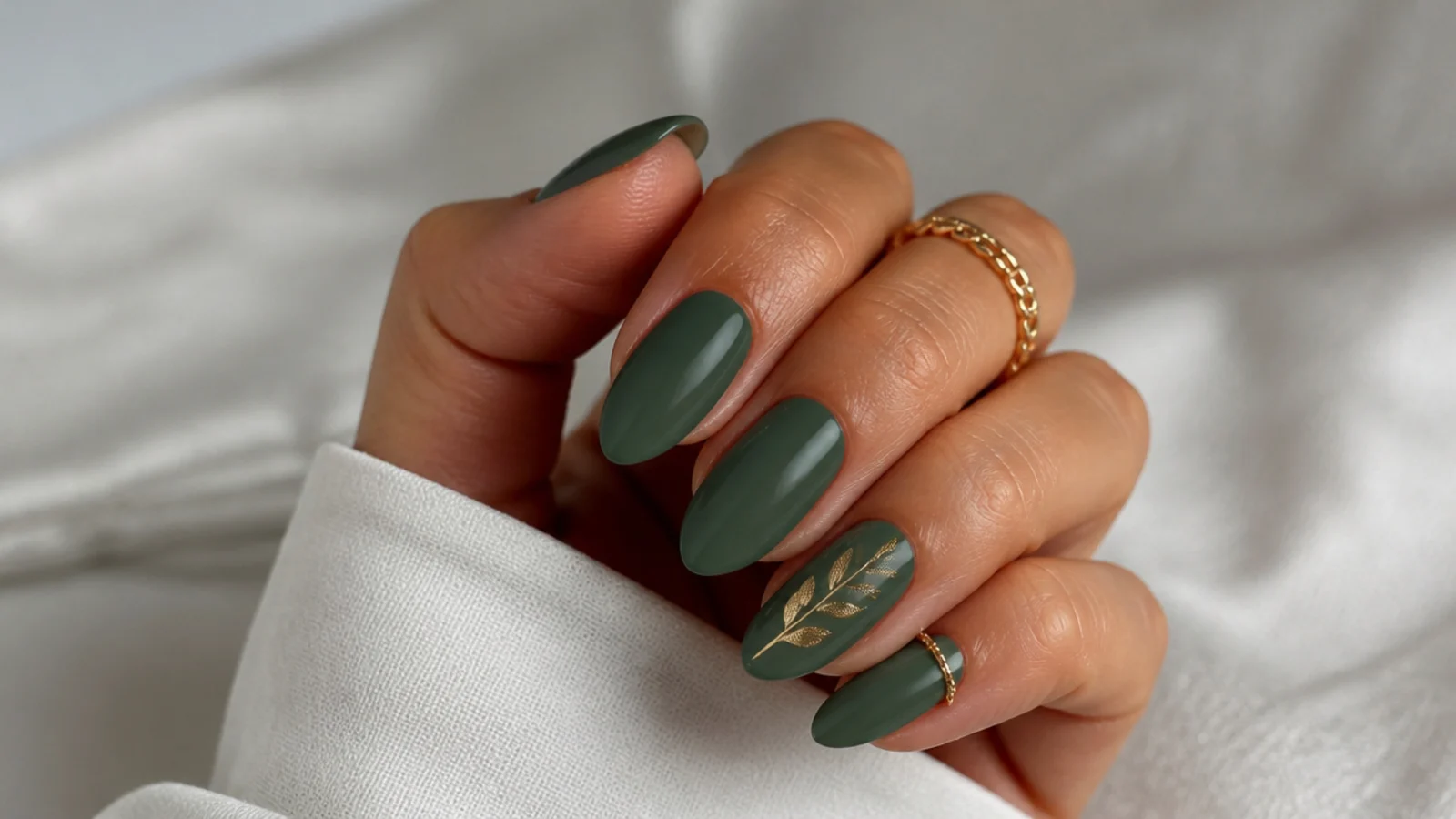 Almond nails in a soft muted forest green with a cool matte-glossy finish