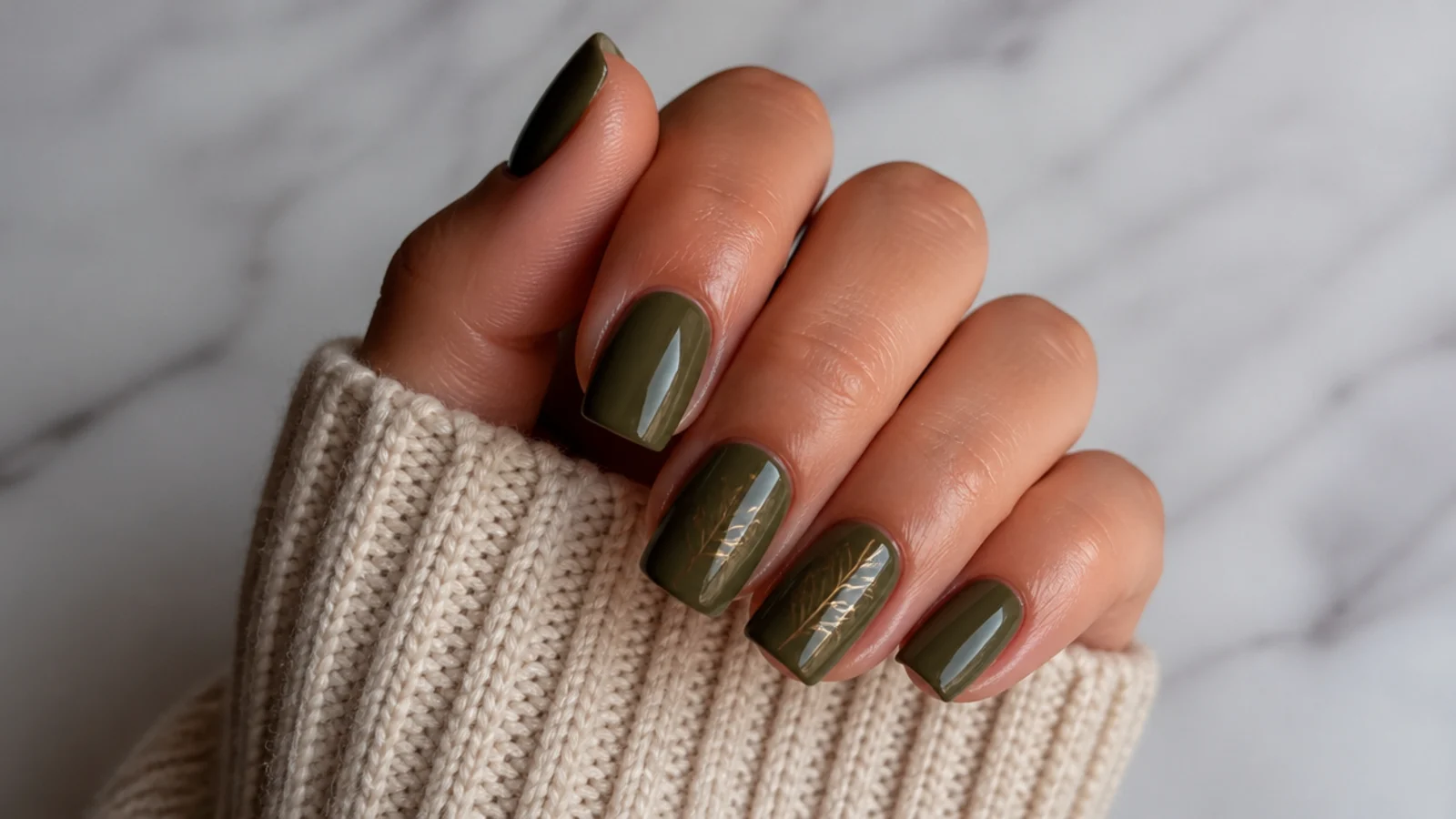 Squoval nails in a warm dark olive green with a soft glossy sheen