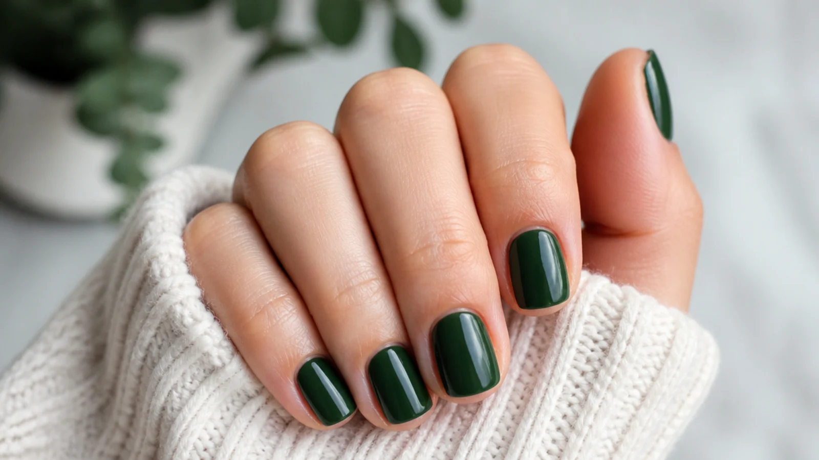Short squoval nails in solid glossy forest green on natural-length nails