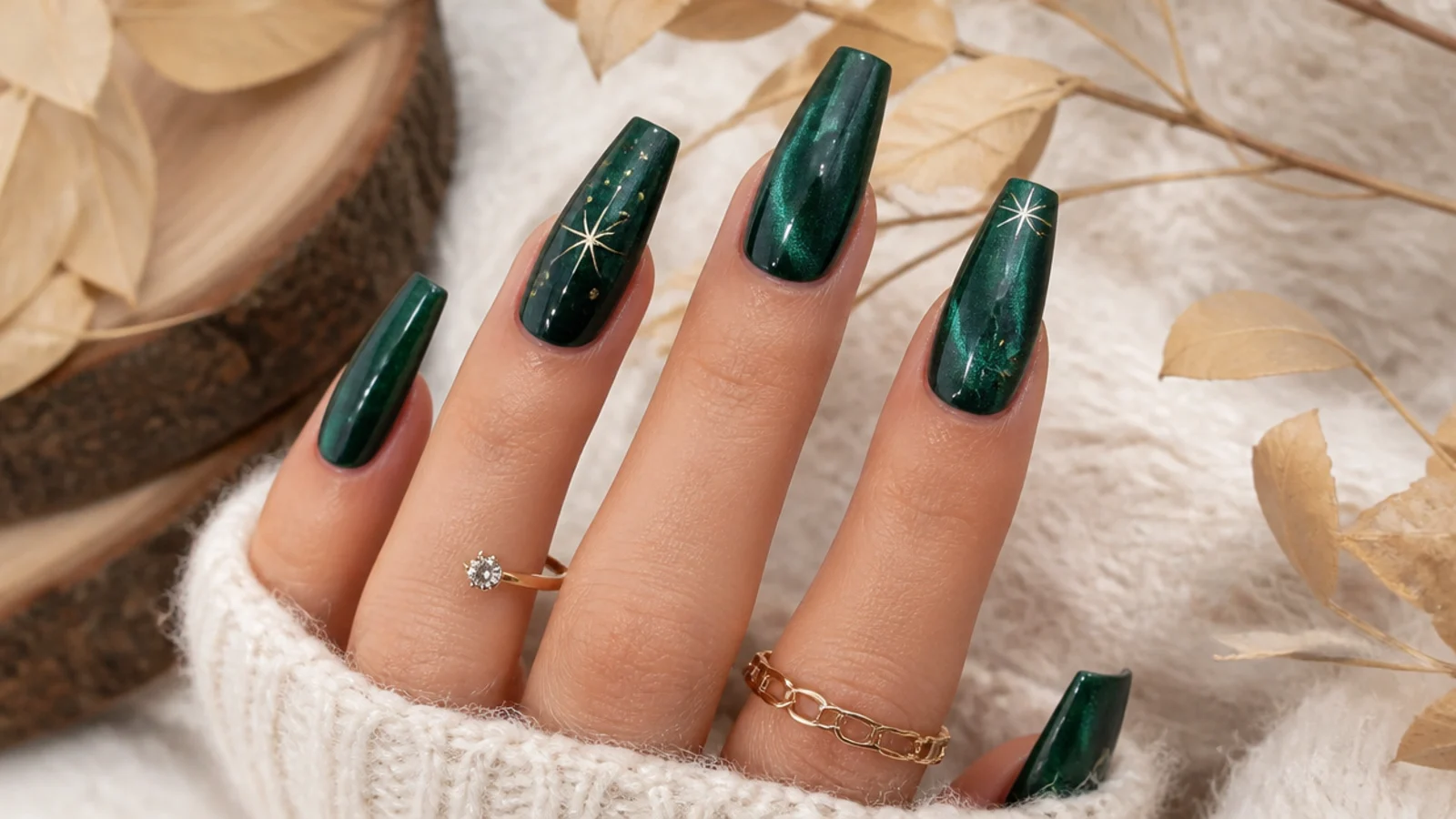 Long coffin nails in deep emerald velvet with a soft brushed magnetic sheen