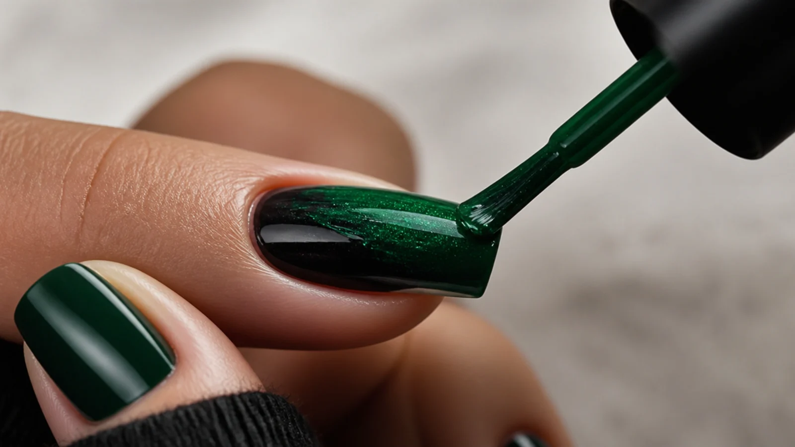 Two gel coats building a deep emerald green over a dark base on a nail