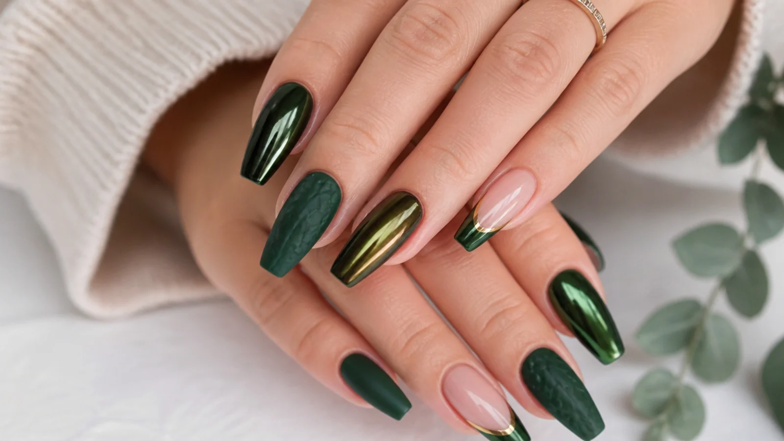 Dark green nails in glossy, velvet, chrome and French finishes across almond and coffin shapes
