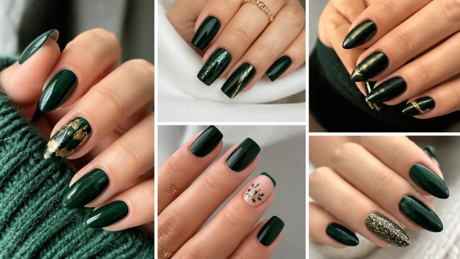A saved collage of dark green nails in glossy emerald, gold-accented and forest-green finishes