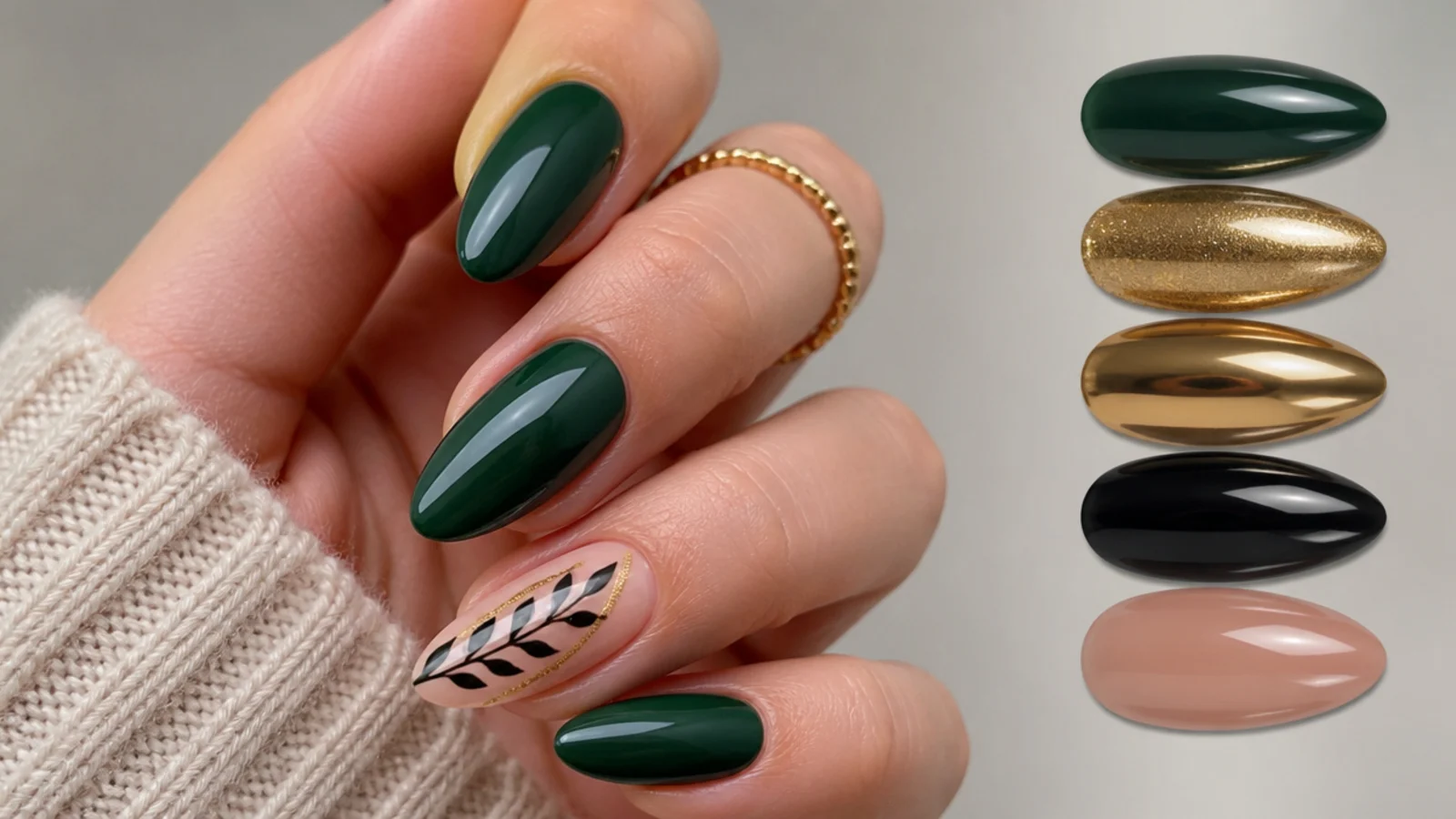 Dark green nails shown beside gold, chrome, black and nude accent swatches
