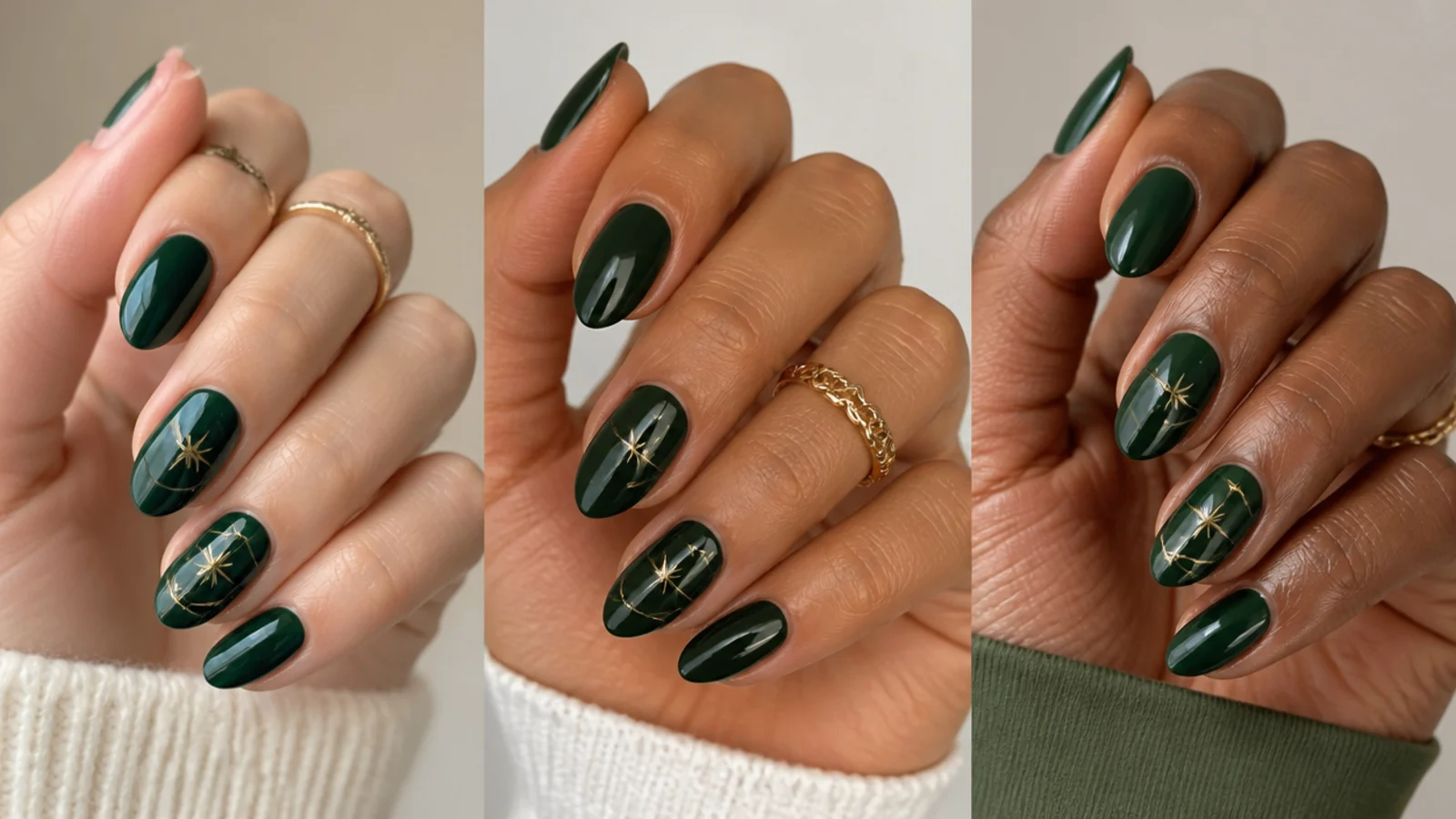Dark green swatches shown against fair, medium and deep skin tones