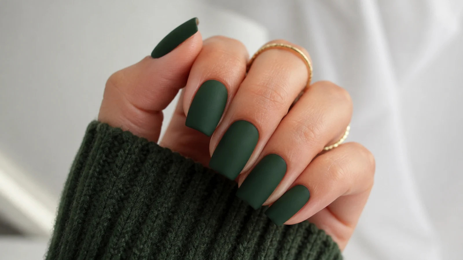 Soft matte deep forest green square nails with a velvet finish