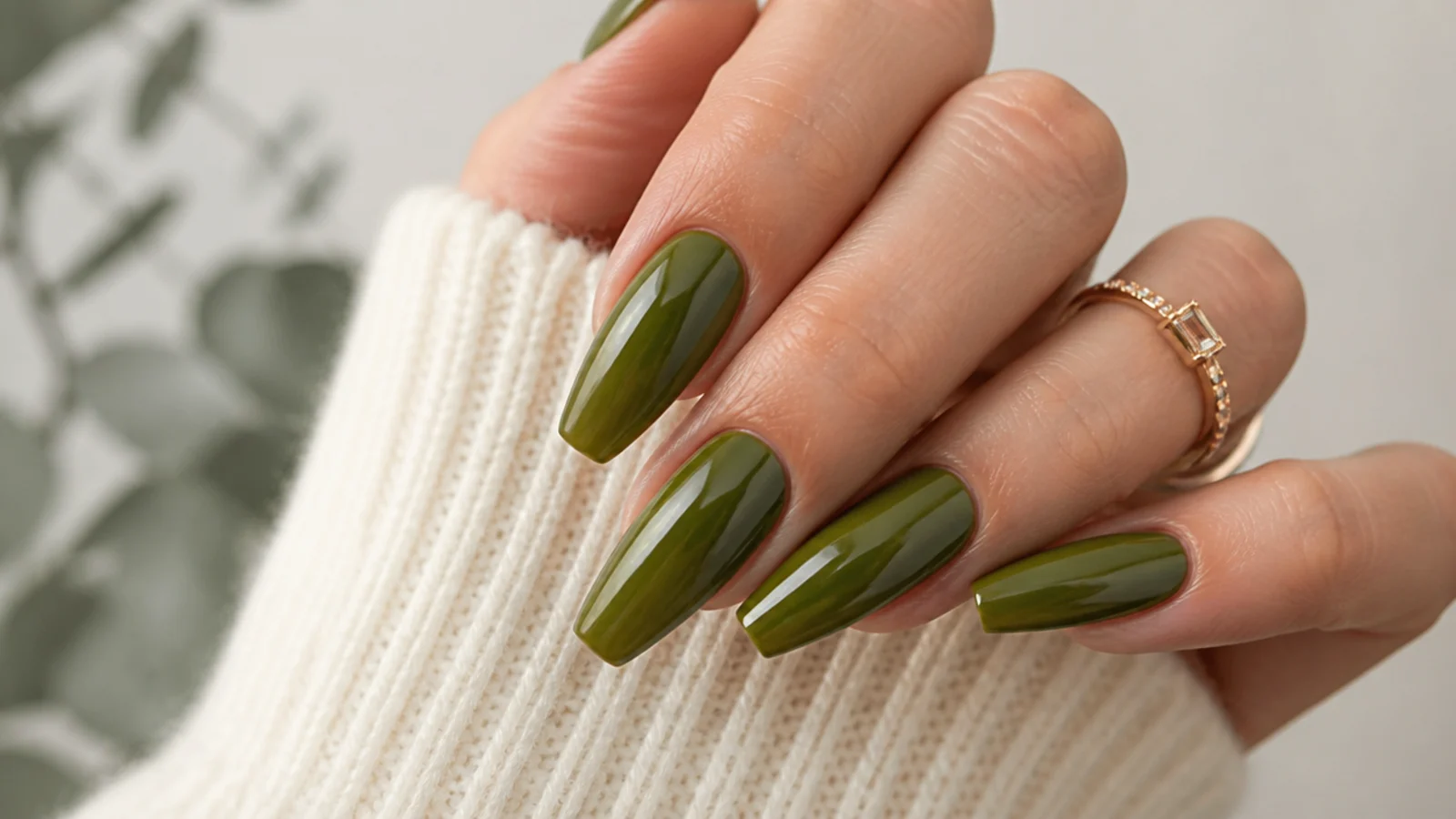 Warm olive green coffin nails with a soft glossy finish