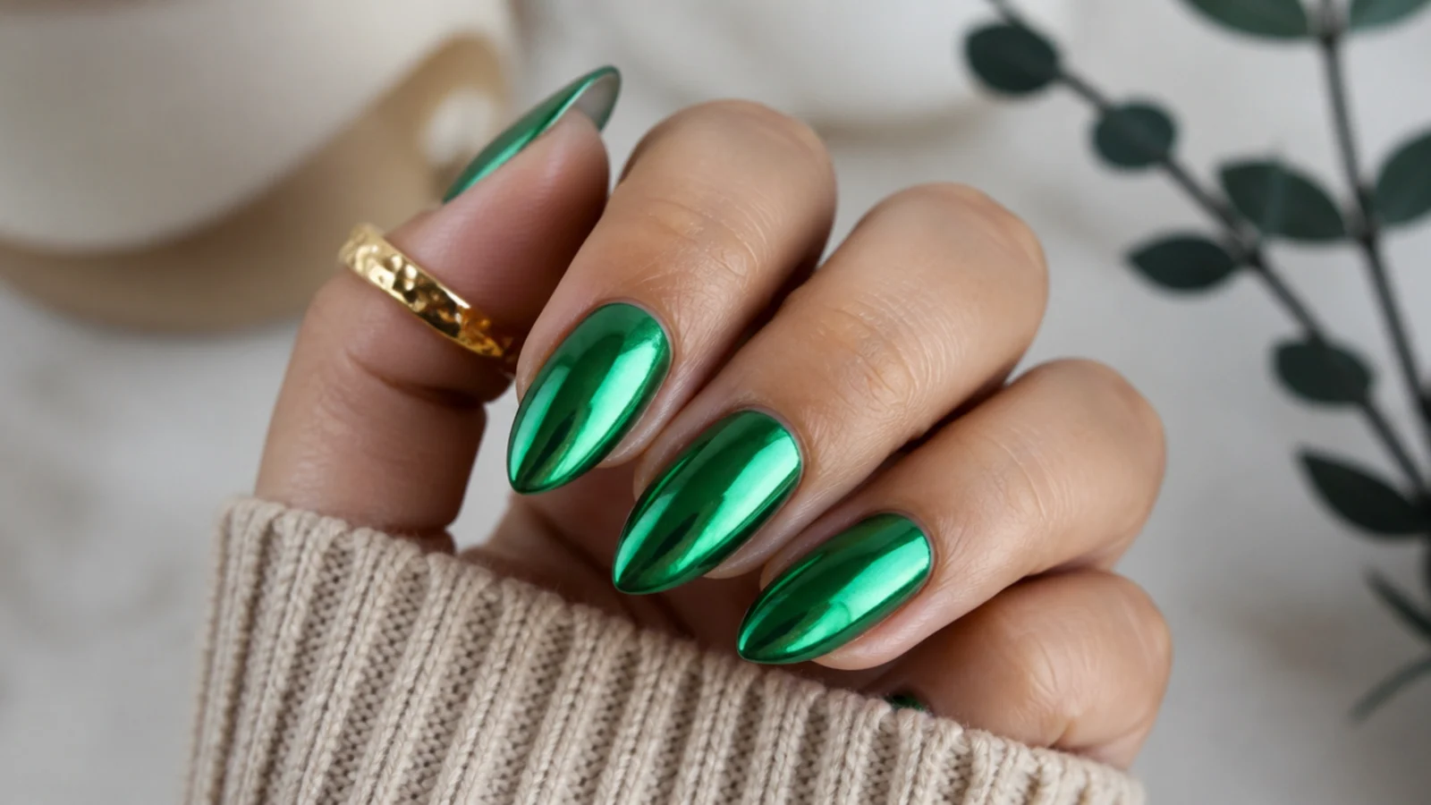 Reflective metallic emerald chrome nails with a mirror shine