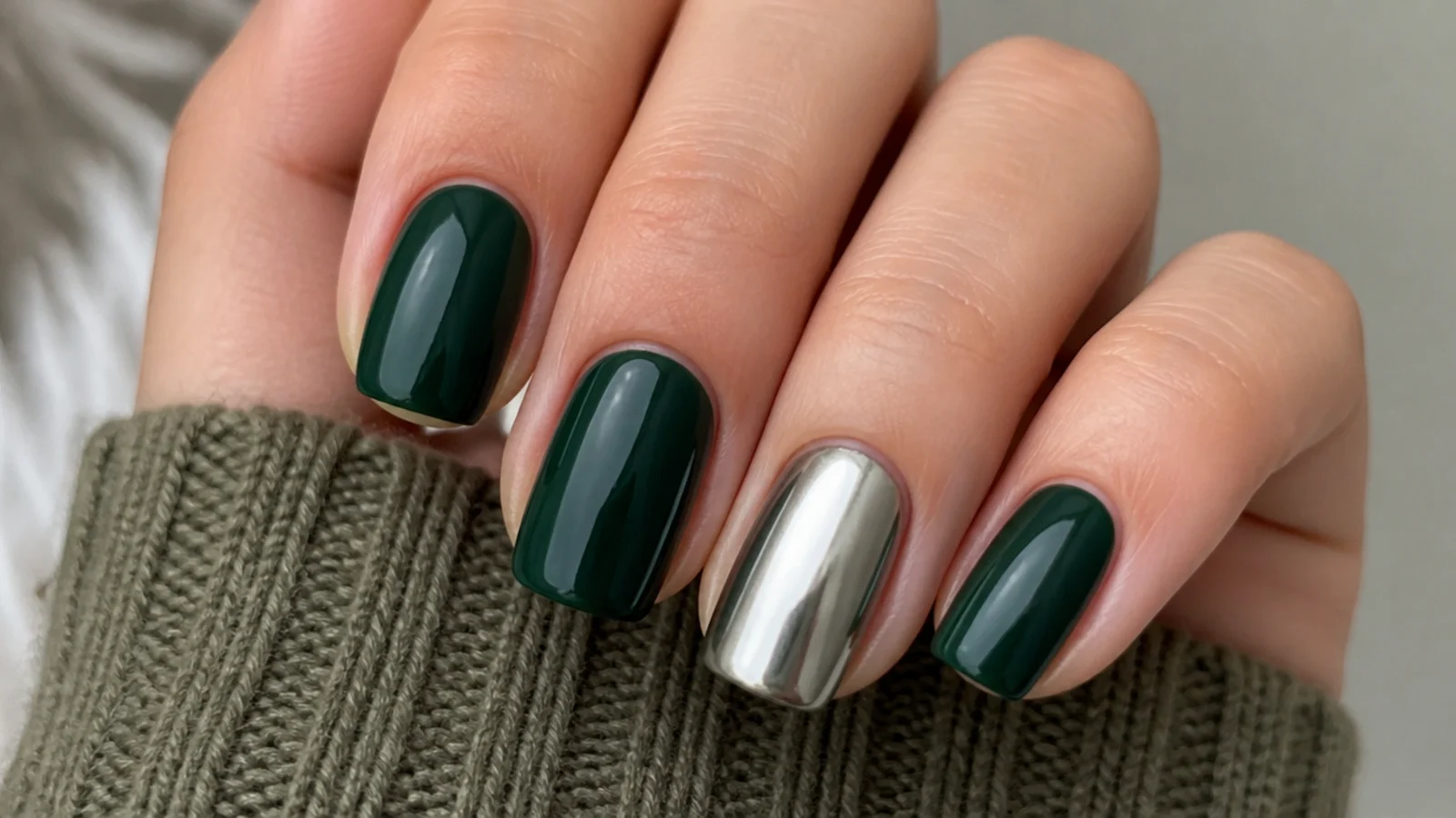 Deep emerald nails with one silver chrome accent nail