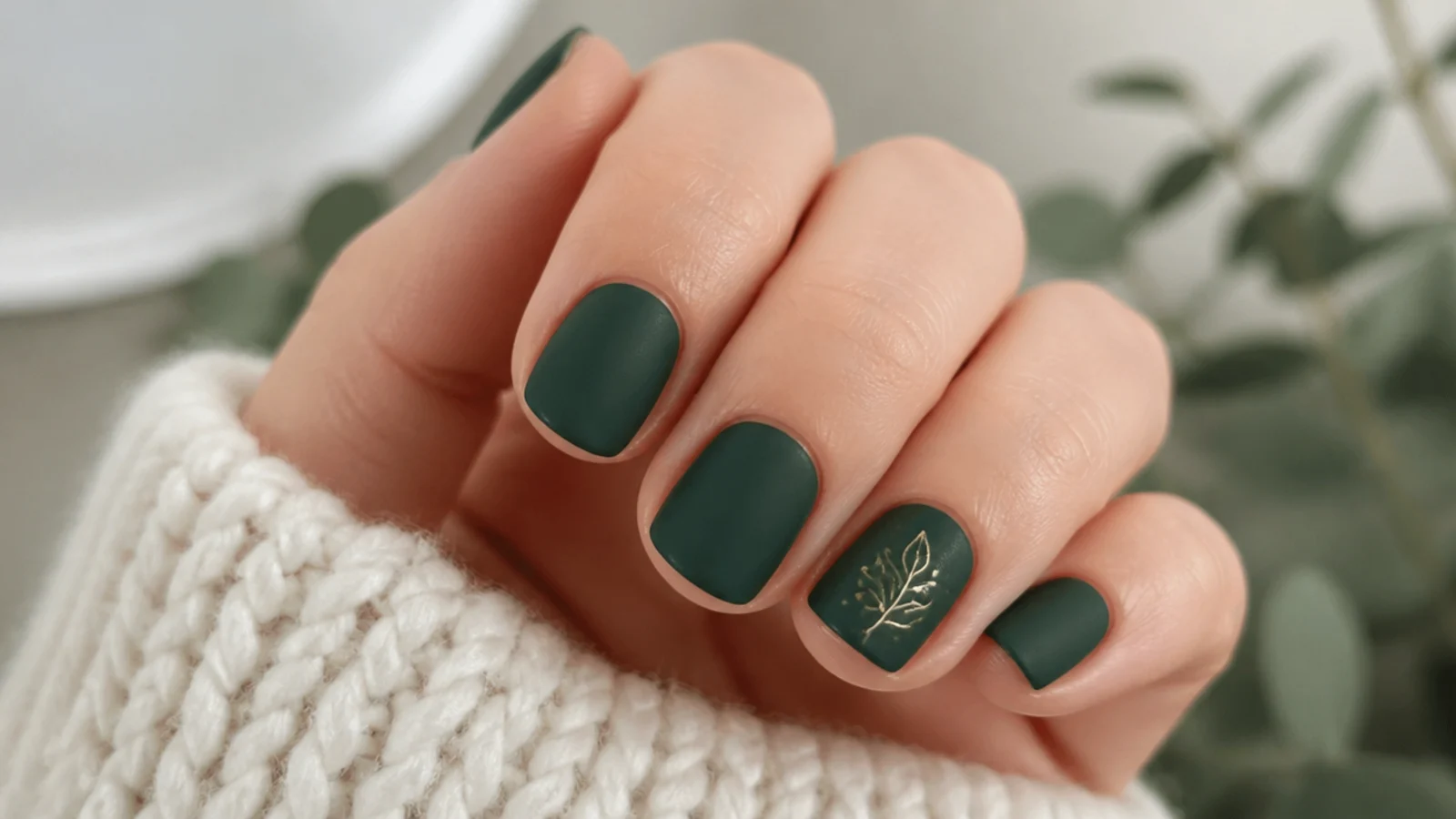 Deep matte pine green nails on a short round shape