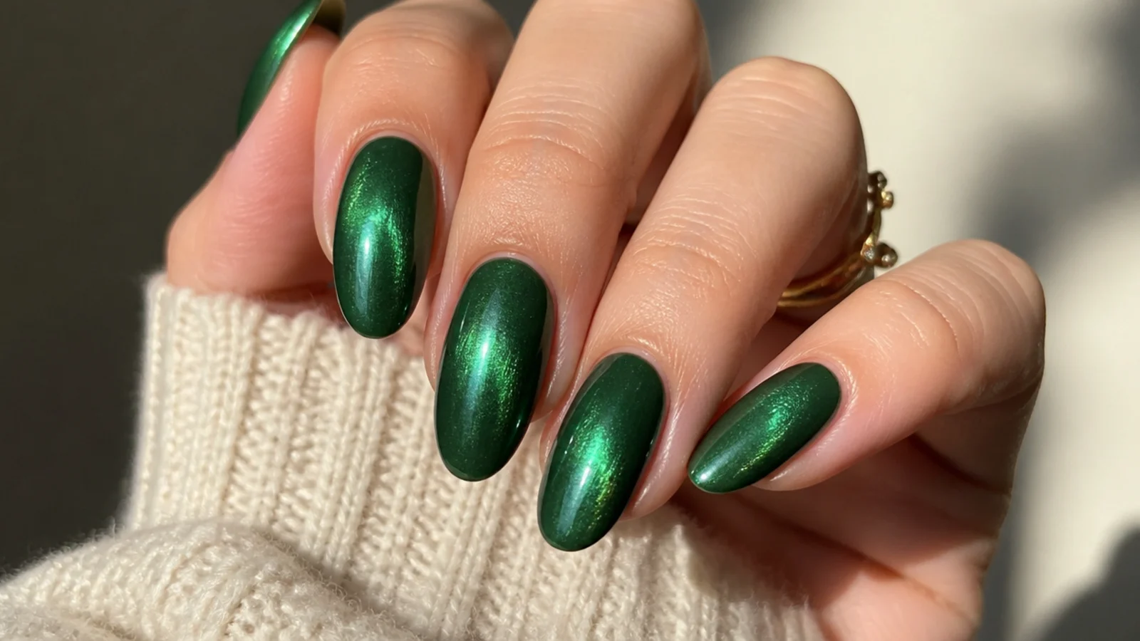 Deep green nails with a pearly glazed chrome sheen