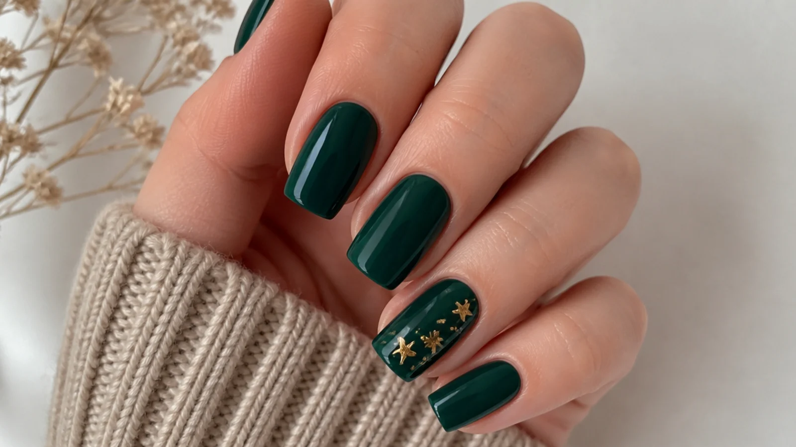 Deep emerald nails with tiny gold star decals on one accent nail