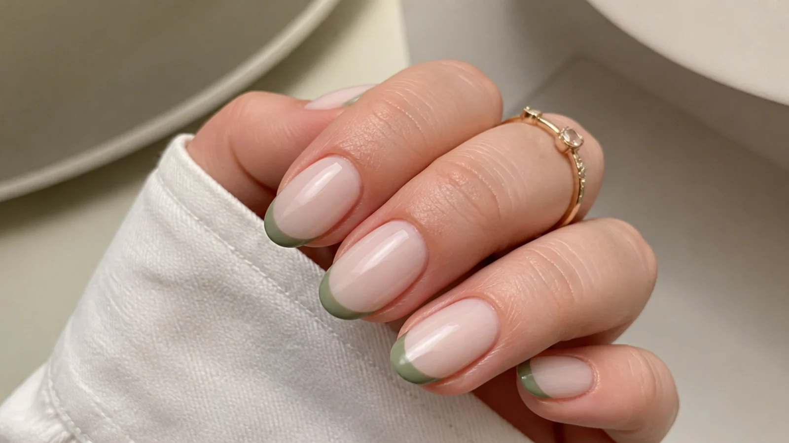 Milky nails with muted sage-green french tips