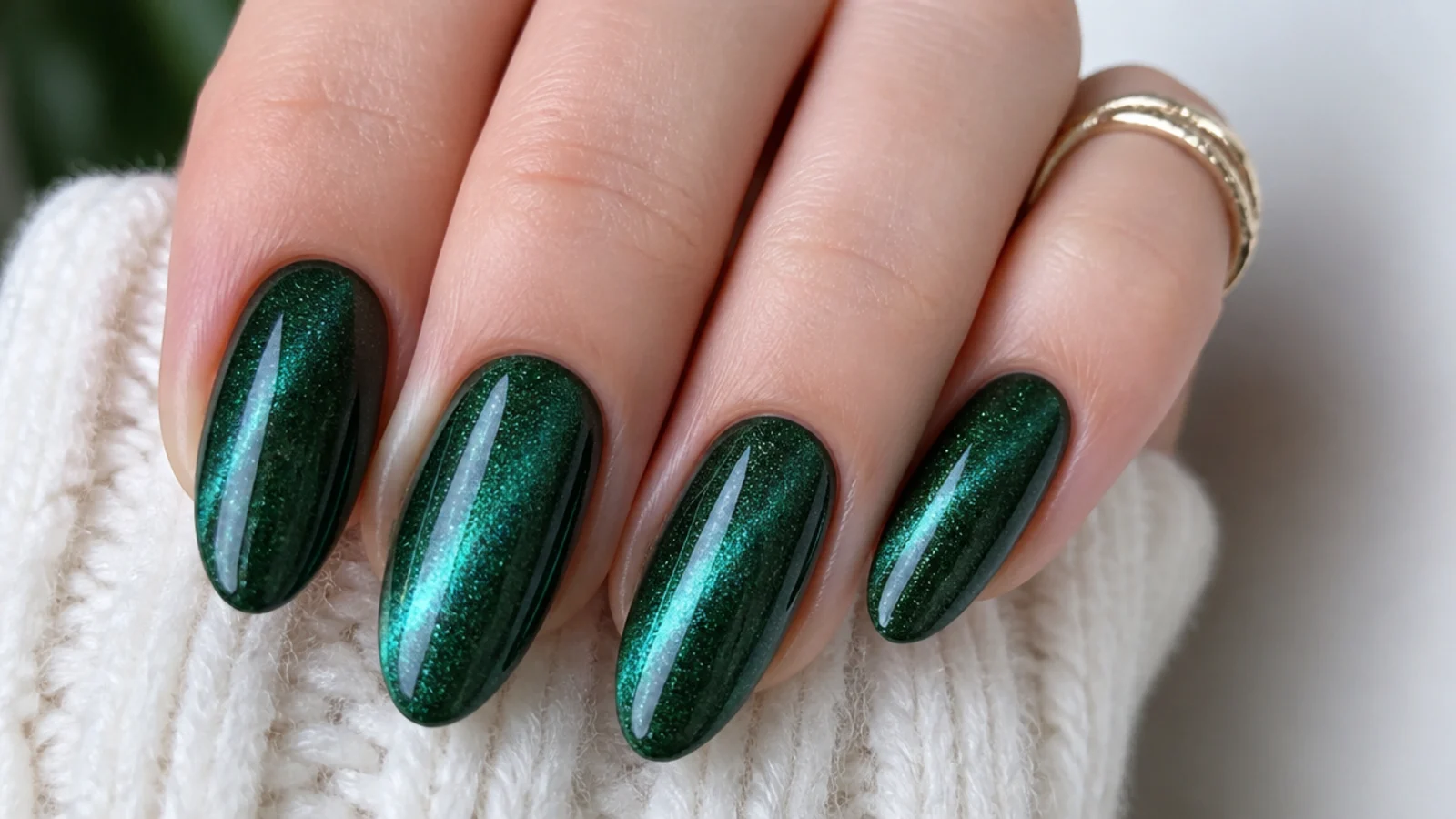 Deep green magnetic cat-eye nails with a shifting light strip