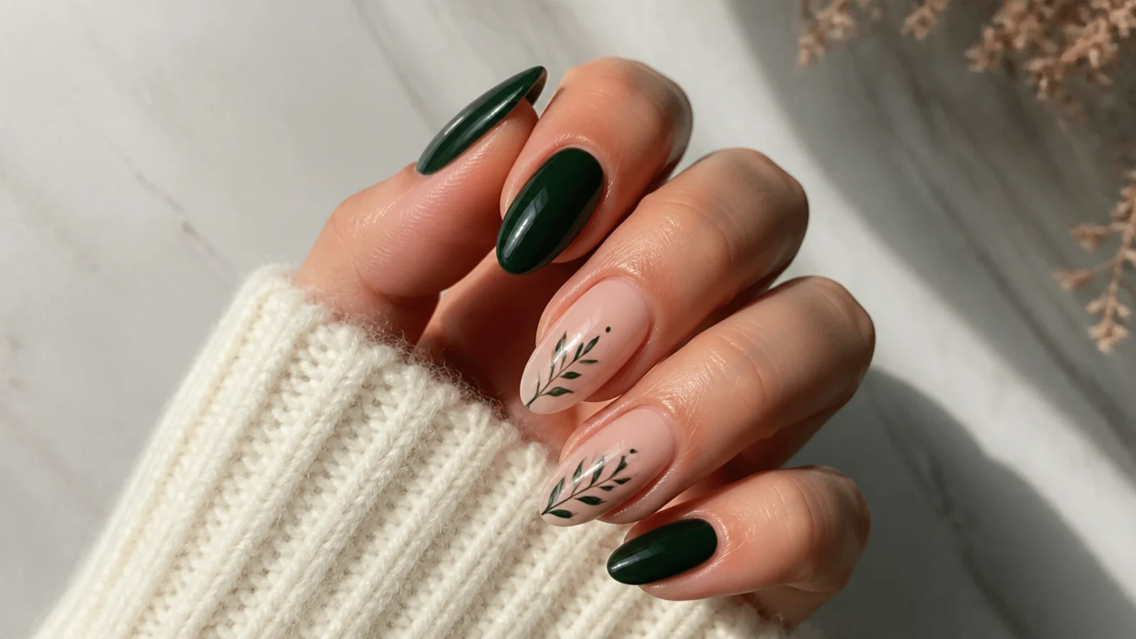 Deep hunter green nails alternating with sheer nude nails