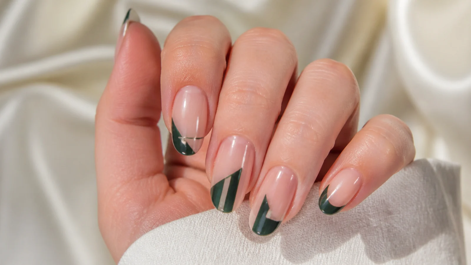 Clear nails with deep emerald geometric shapes and negative space