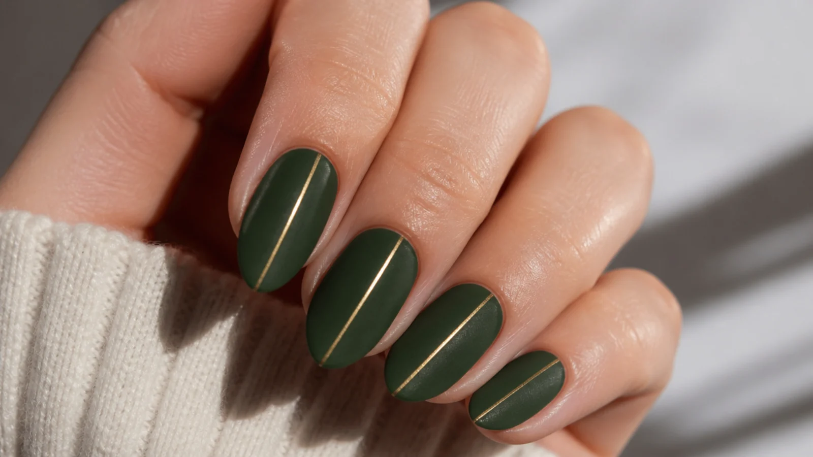 Matte forest green nails with a single thin gold line down the center