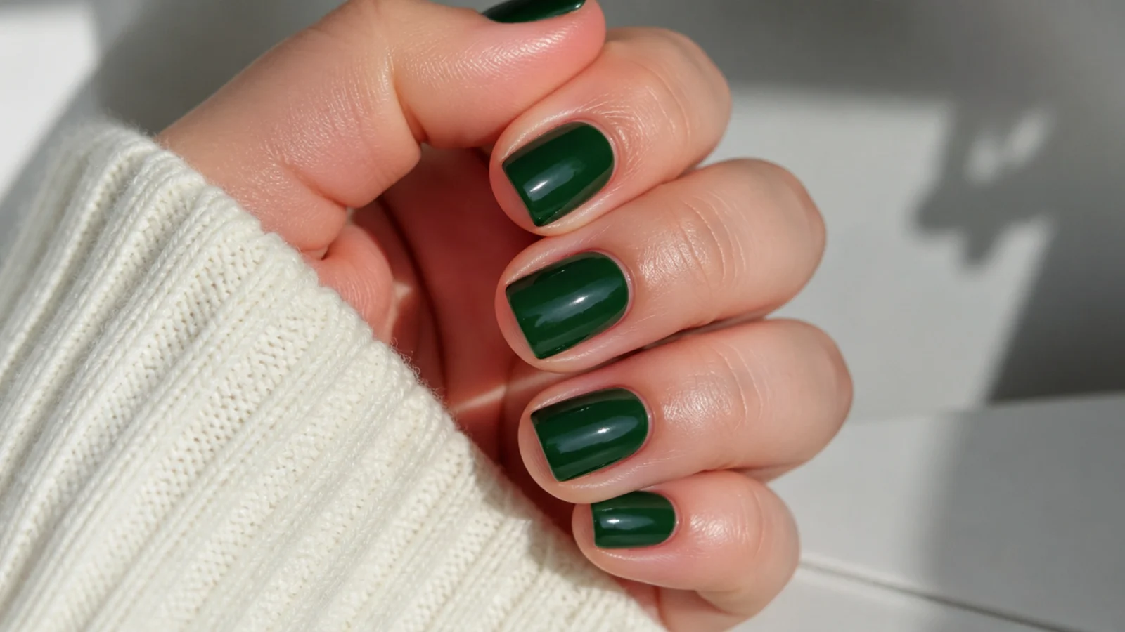 Short squoval nails in high-gloss deep emerald green