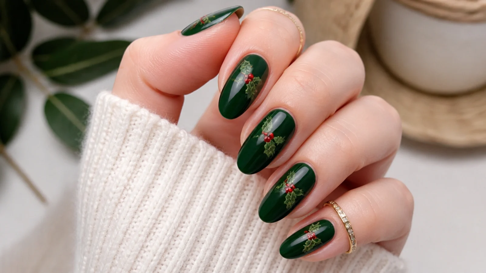 Deep emerald nails with tiny painted holly leaves and red berries