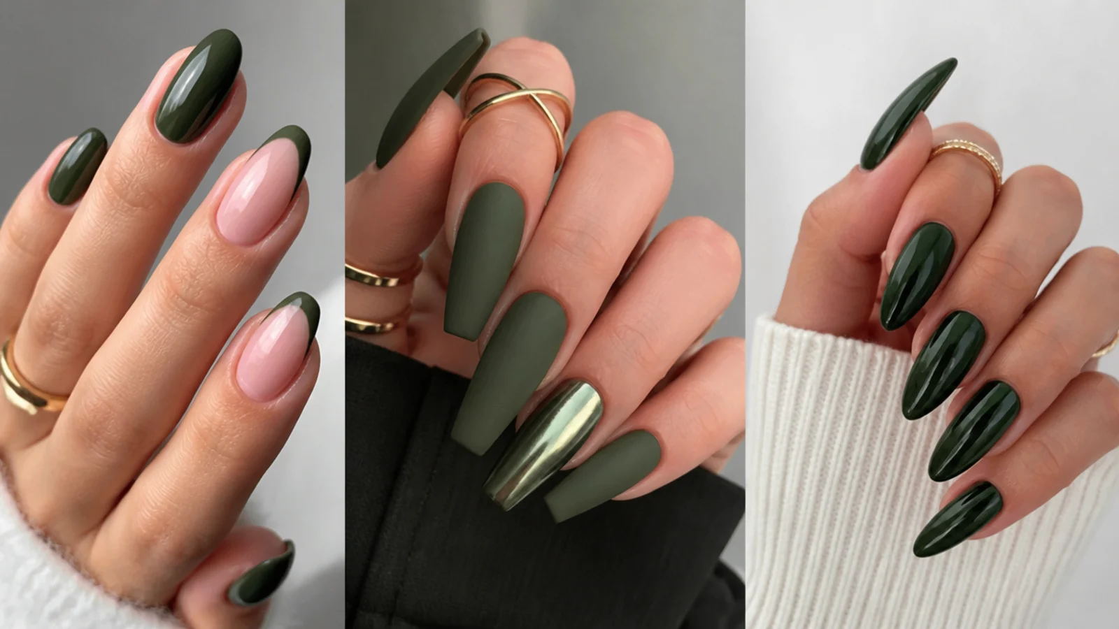 Glossy, velvet matte, chrome and french dark green nails in different shapes