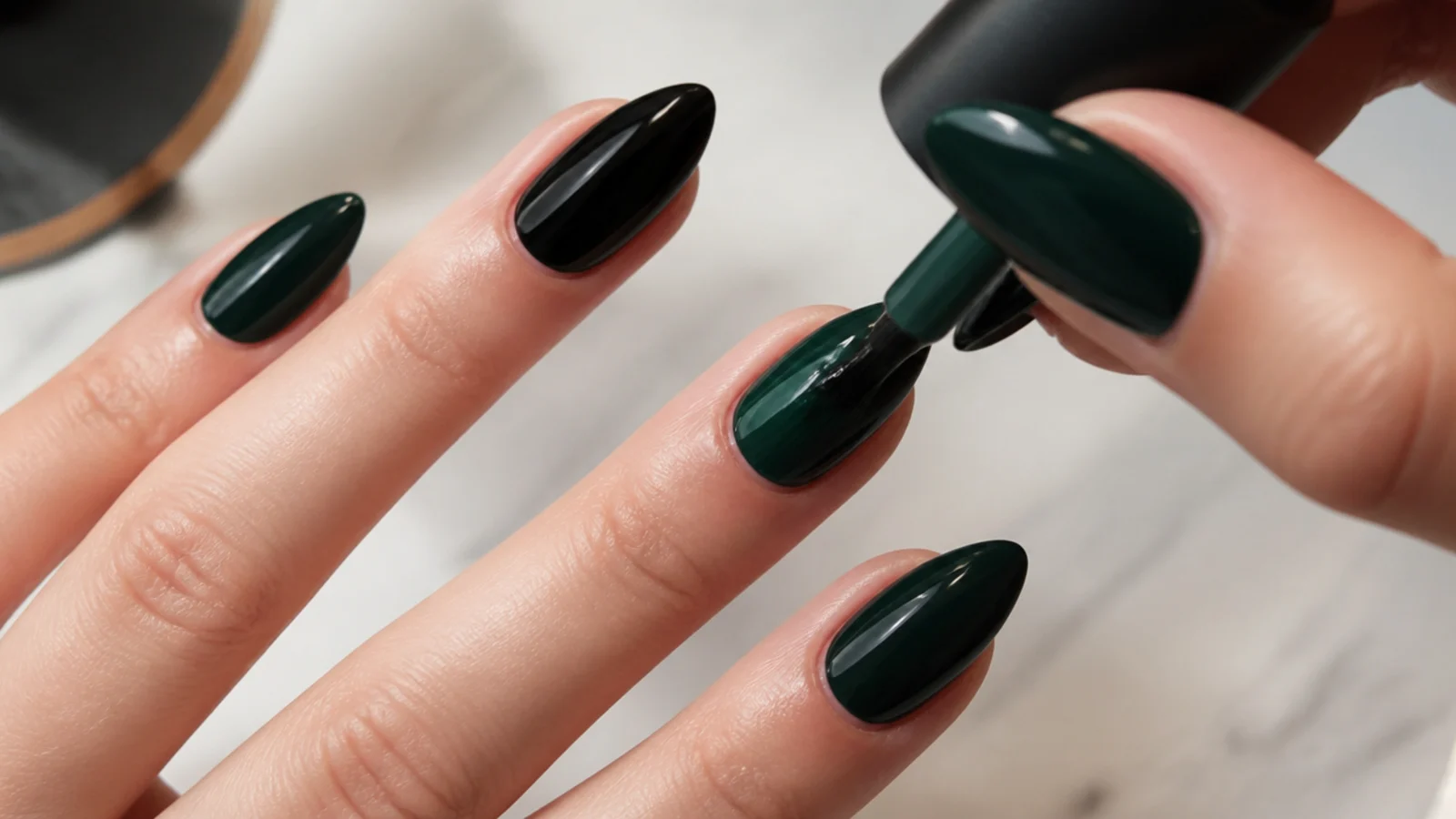 Layering emerald gel over a dark base to build a deep green shade