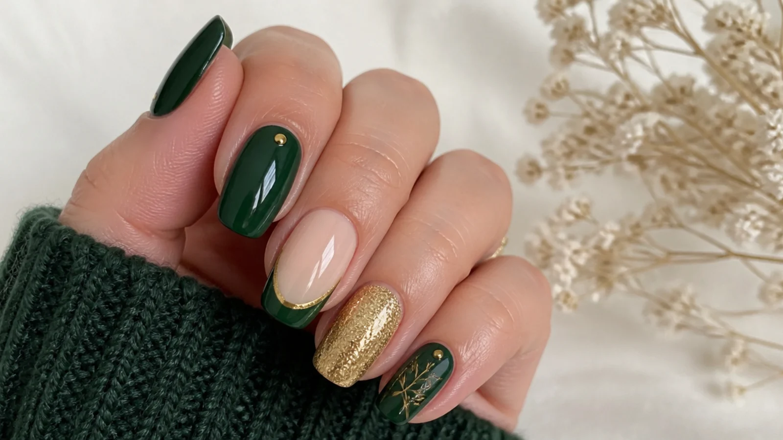 Dark green nails shown paired with gold, silver, black and nude accents