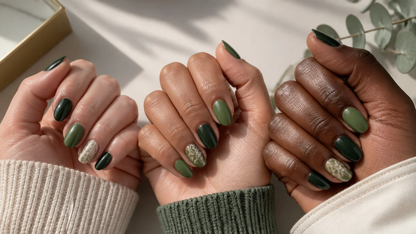 Emerald, forest and olive green swatches compared against different skin tones