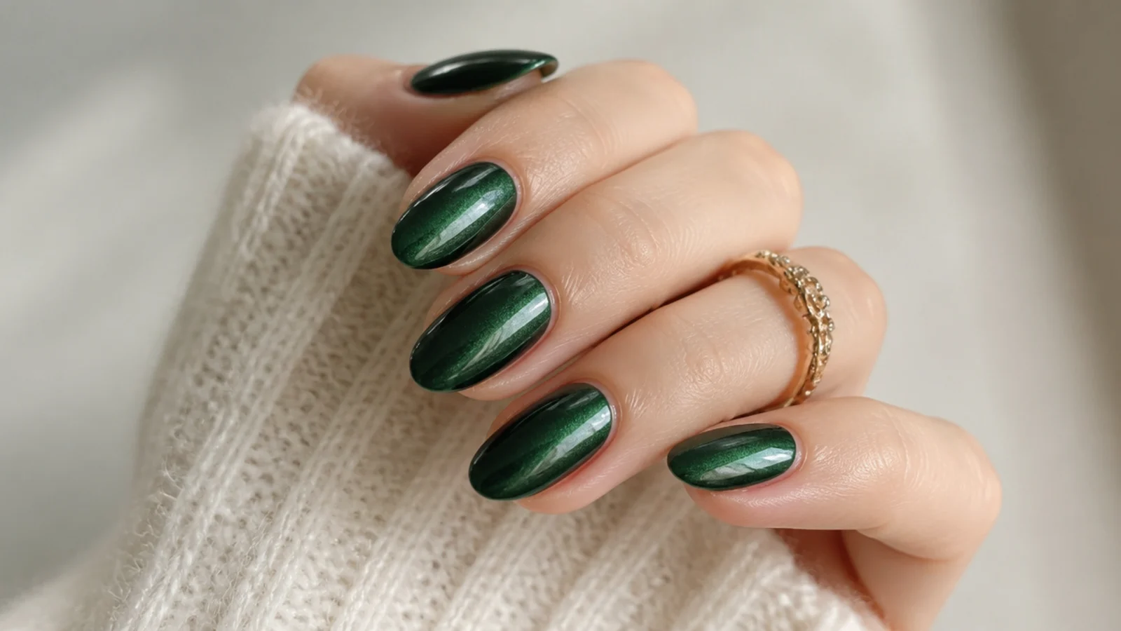 Deep forest green nails with a pearly glazed chrome finish
