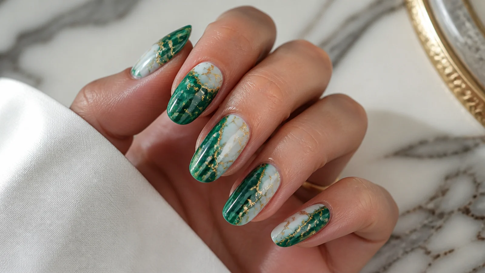 Emerald green nails with white and gold-foil marble veining