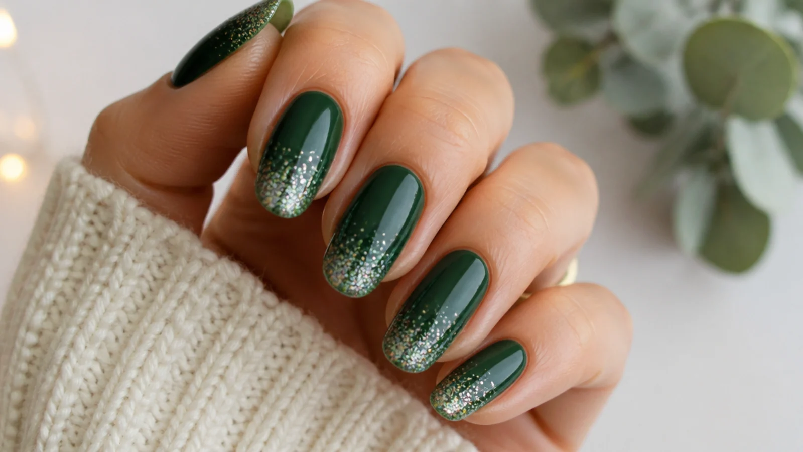 Deep green nails with a silver glitter gradient at the tips