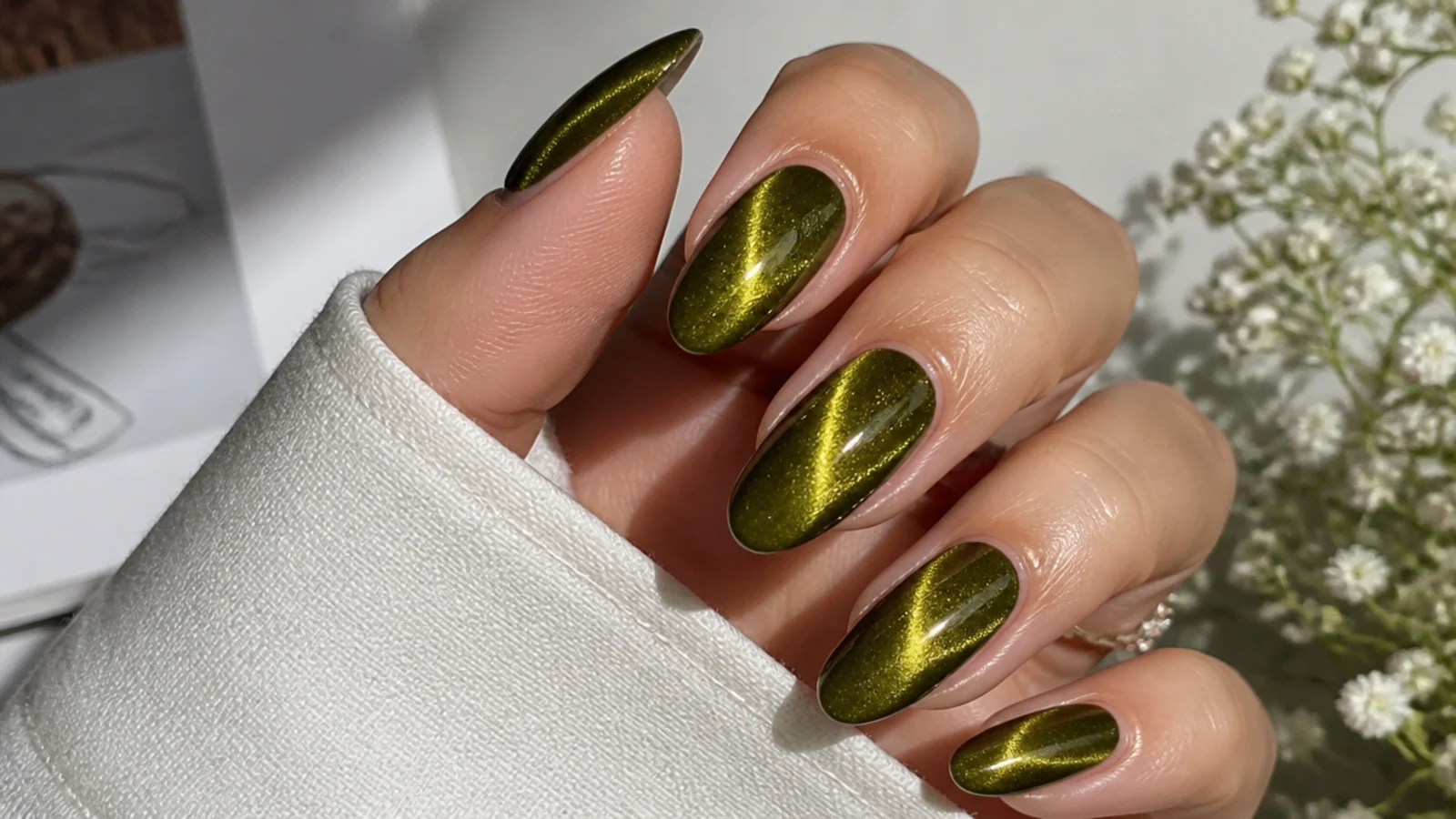 Warm olive green cat-eye nails with a shifting magnetic light strip