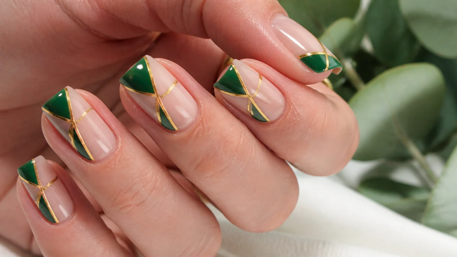 Sheer nails with emerald green geometric shapes and gold lines