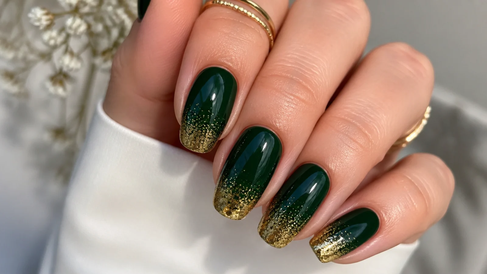 Deep forest green nails with gold glitter concentrated at the tips