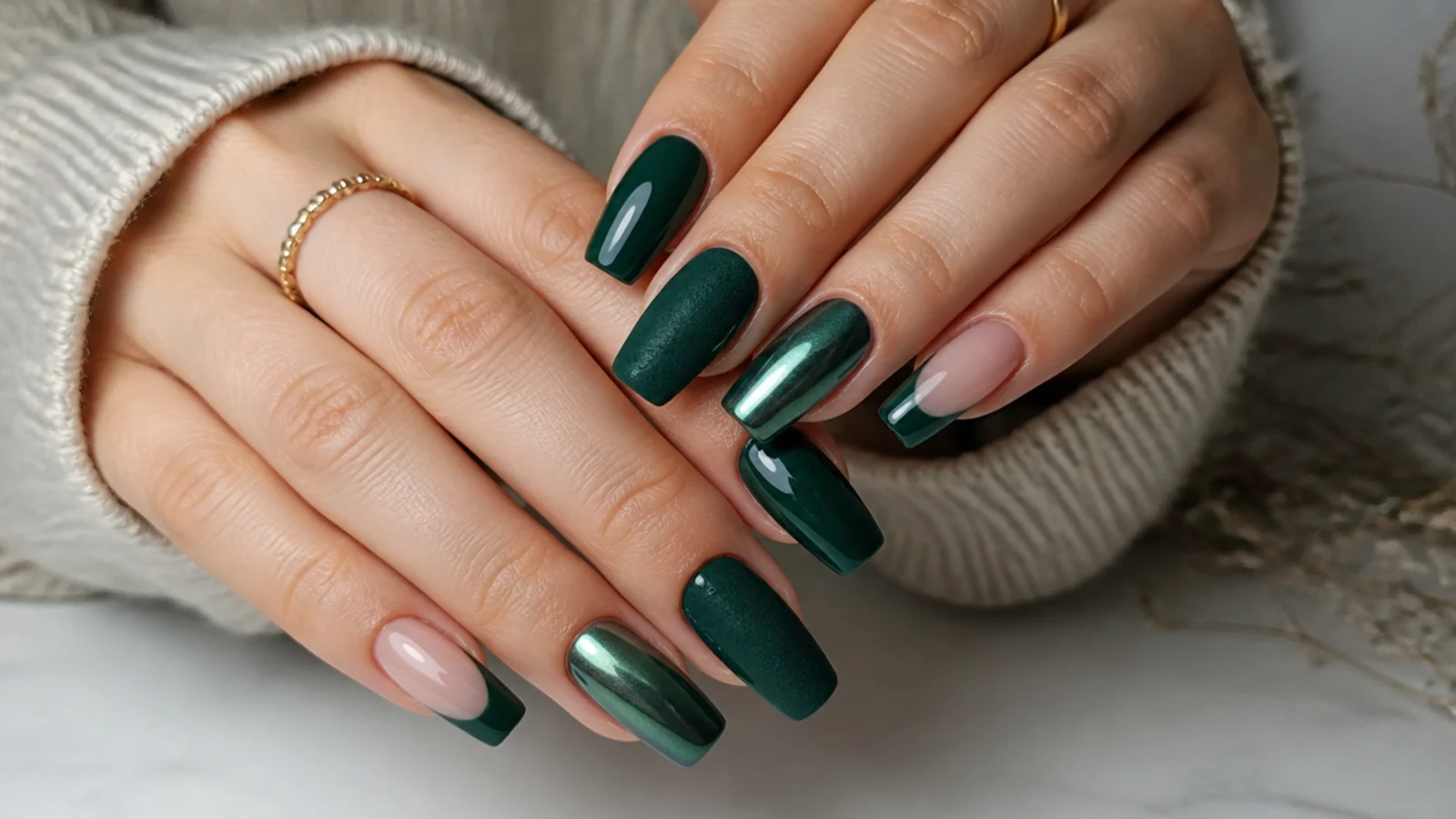Dark green nails shown in glossy, velvet, chrome and french finishes