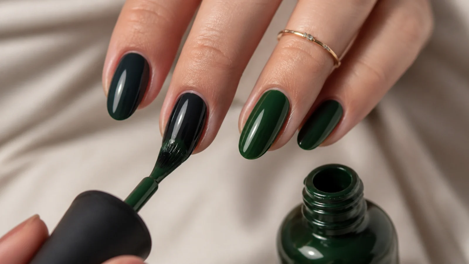 Layering emerald gel over a dark base to build a deep green shade