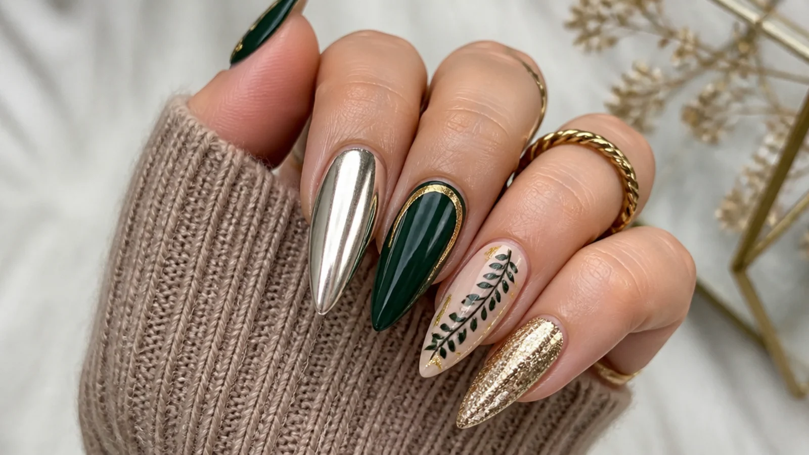 Dark green nails styled with gold, silver chrome, black and nude accents