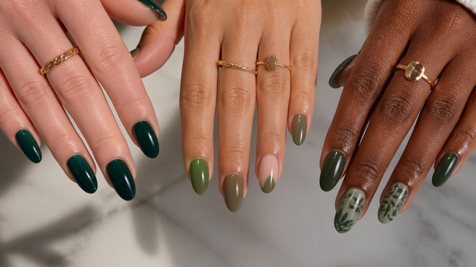 Emerald, forest and olive green swatches on different skin tones