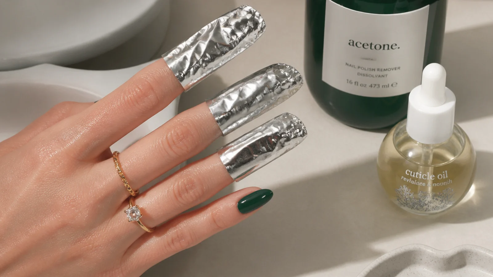 Acetone foils and cuticle oil for maintaining and removing dark green gel nails