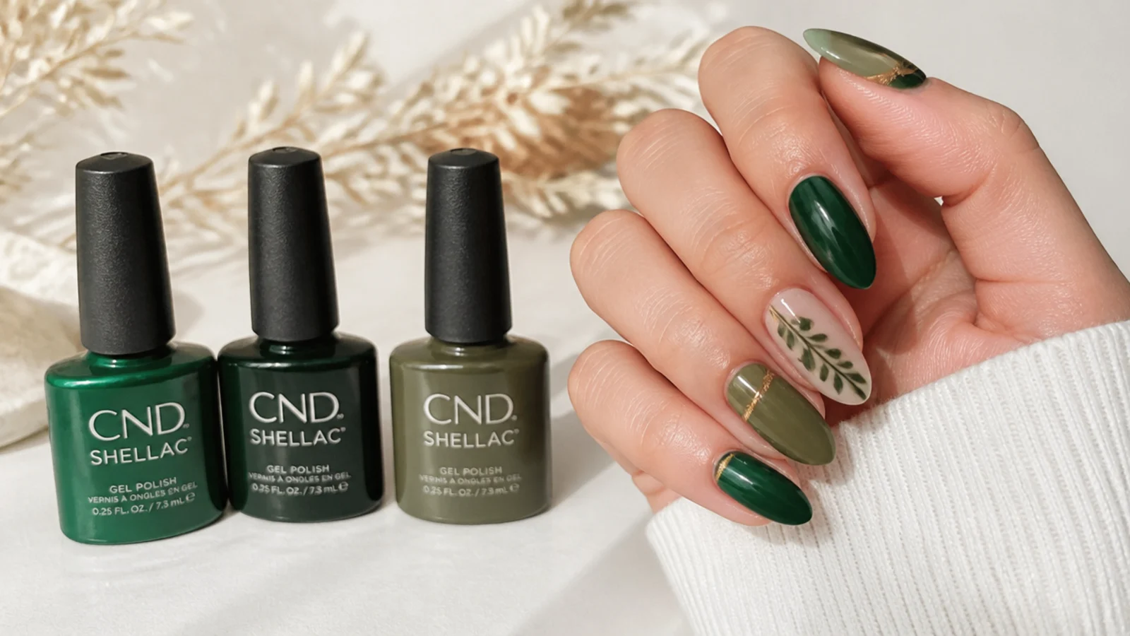 Three dark green gel bottles - emerald, forest and olive - lined up on a table
