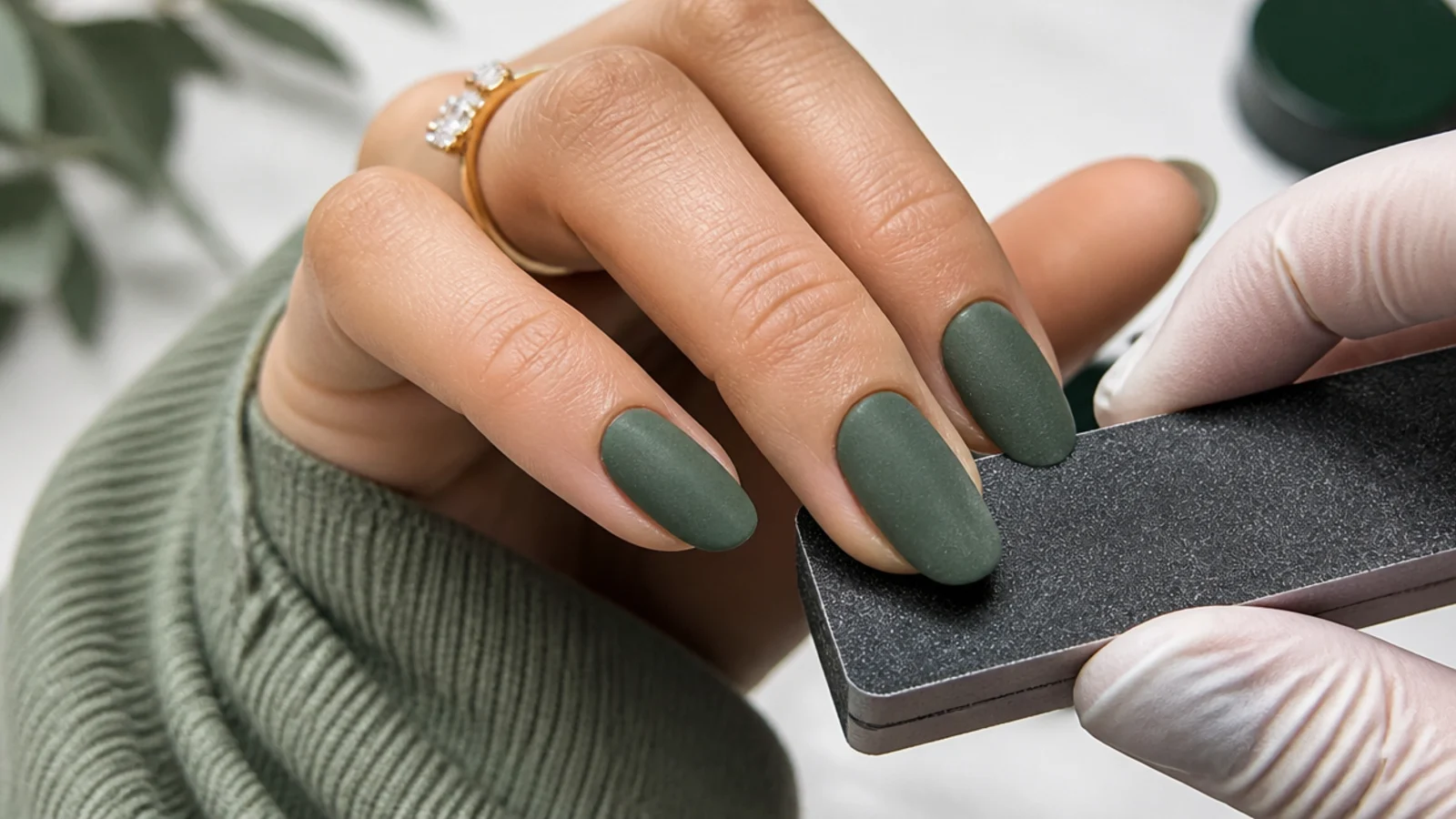 Nails being shaped and buffed matte in preparation for dark green gel