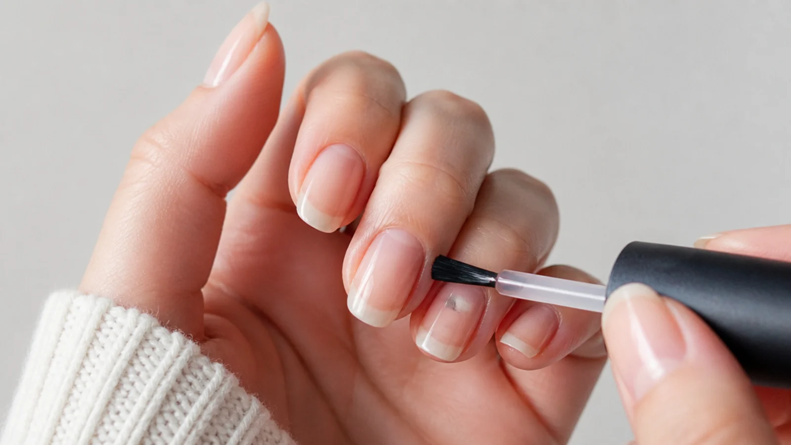 A thin gel base coat being applied to a prepped nail before dark green color