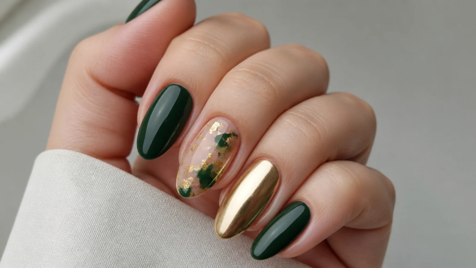 A gold foil accent and a chrome nail beside plain dark green gel nails