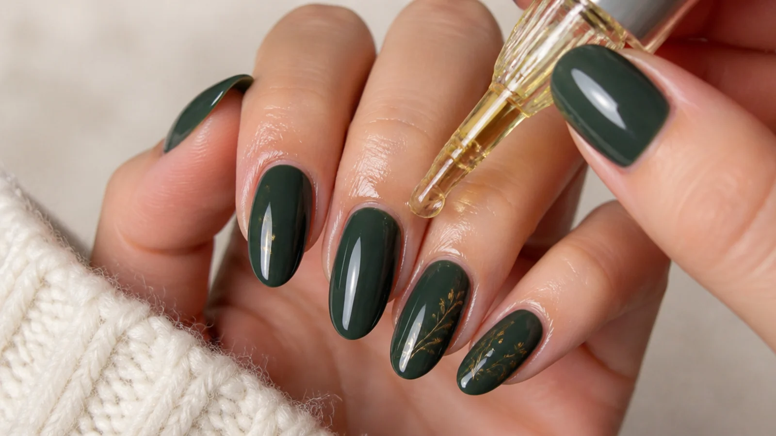 Cuticle oil being massaged around finished dark green gel nails
