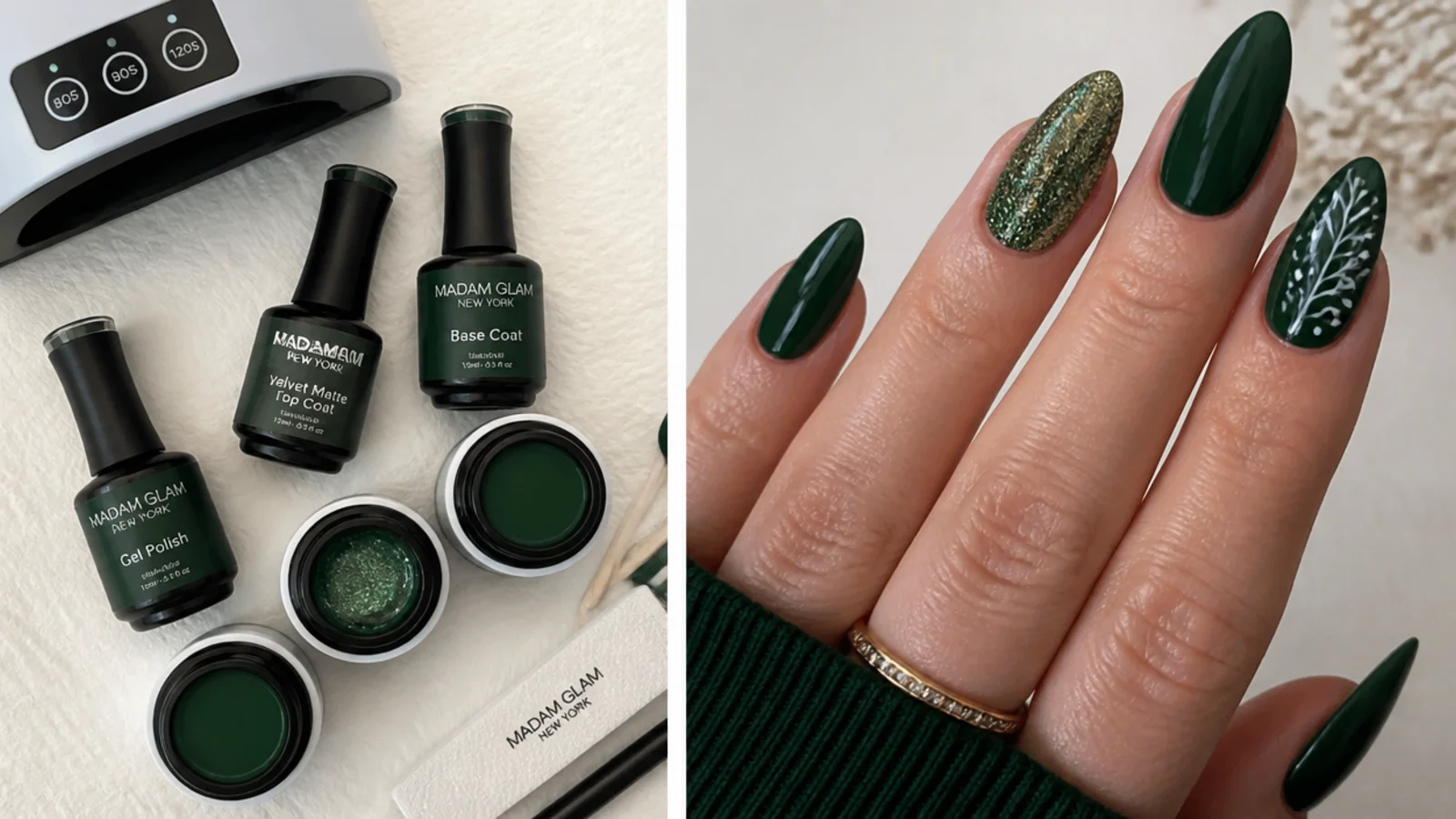 Dark green nail supplies laid out - gel colors, base, top coat, lamp and buffer